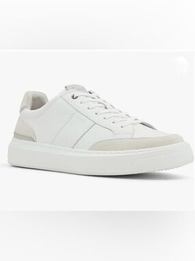 Aldo Men's White Leather Low-Top Sneaker with Light Gray Accents Size 8